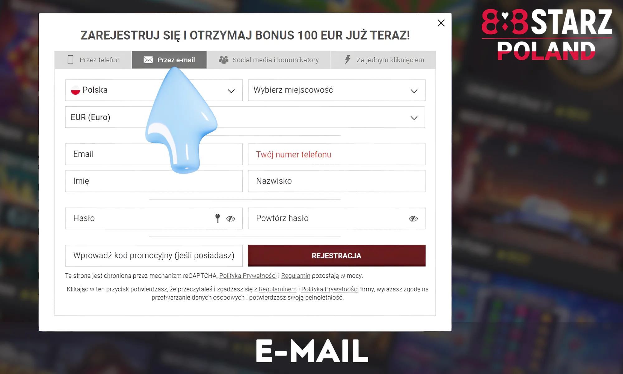 Utwórz konto 888Starz przy użyciu adresu e-mail