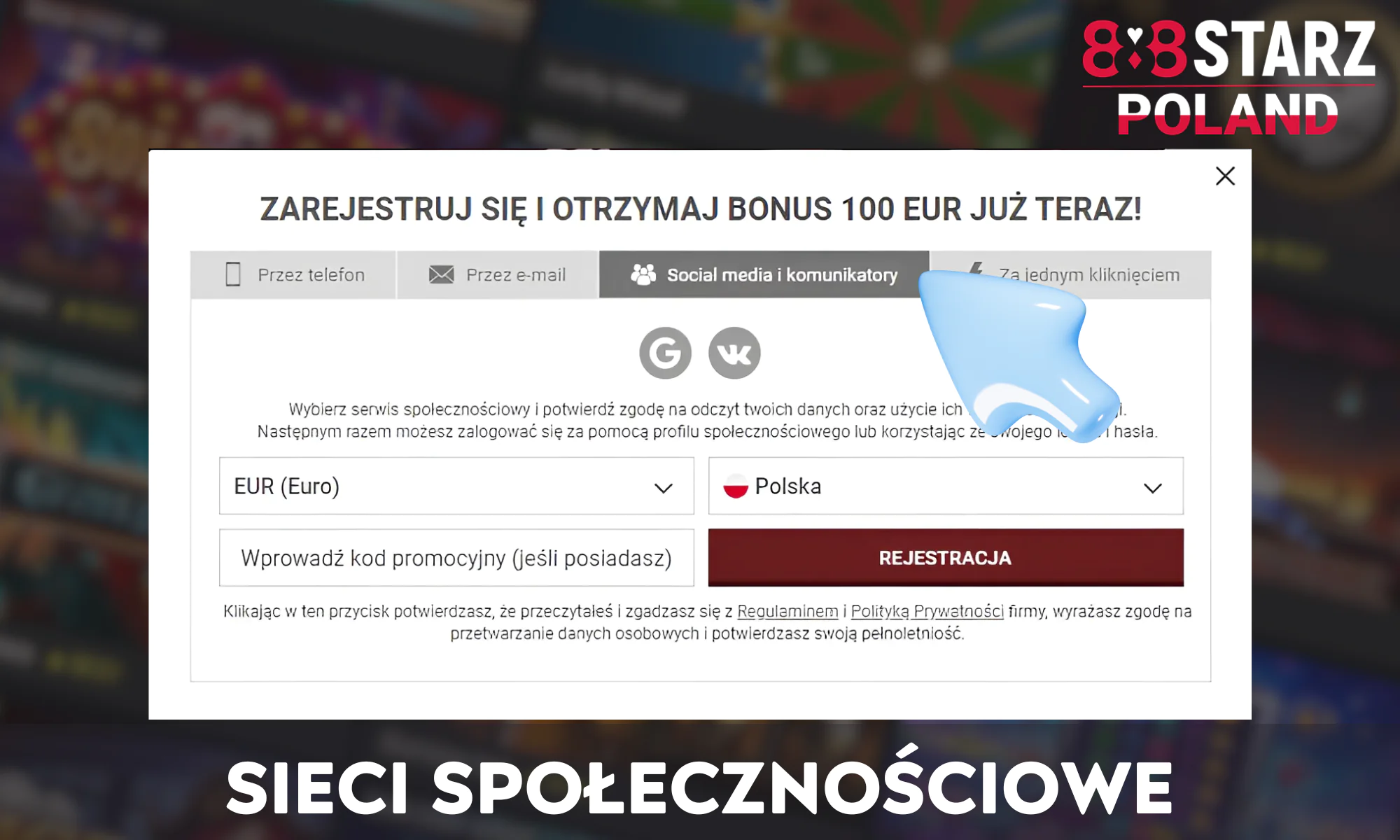 Rejestracja przez portale społecznościowe na 888Starz