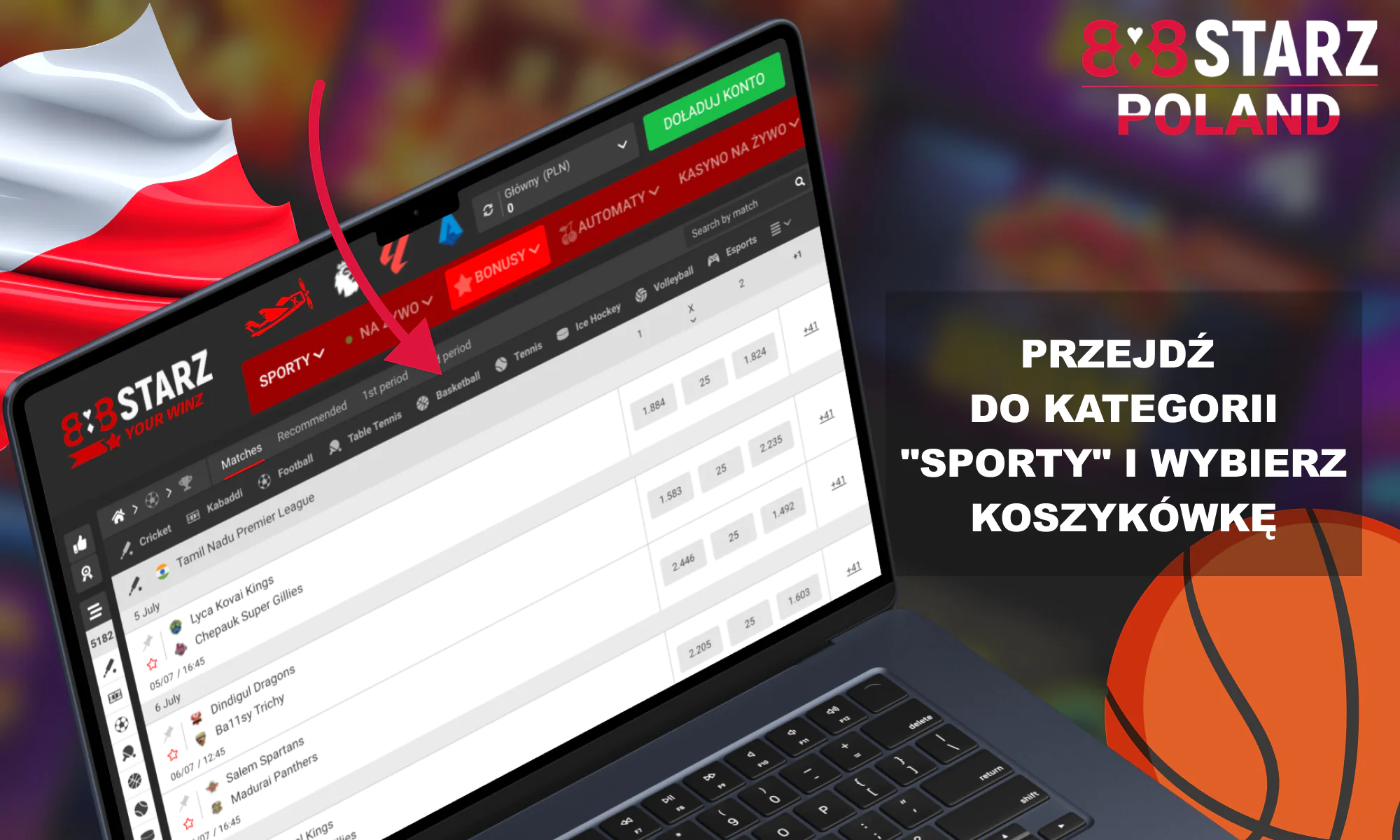 Wybierz sekcję „Koszykówka” w 888Starz Polska